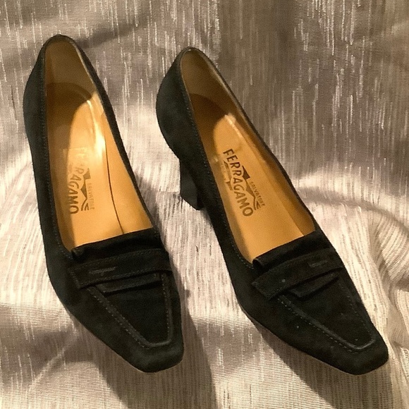 Salvatore Ferragamo Shoes - Ferragamo Black Suede Loafer Pumps Heels Sz 8